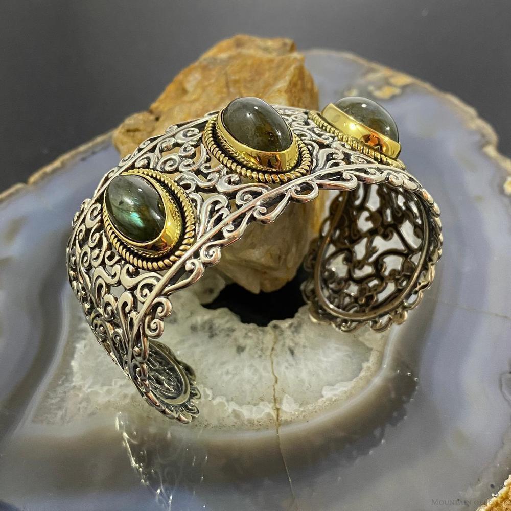 Carolyn Pollack Sterling Silver & Brass 3 Oval Labradorite Decorated Bracelet - Picture 3 of 10